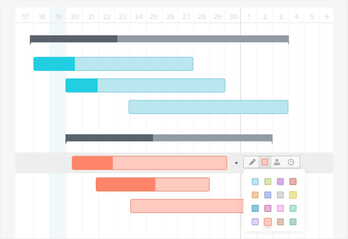 Example of color selection menu in TeamGantt for color-coding taskbars on the timeline