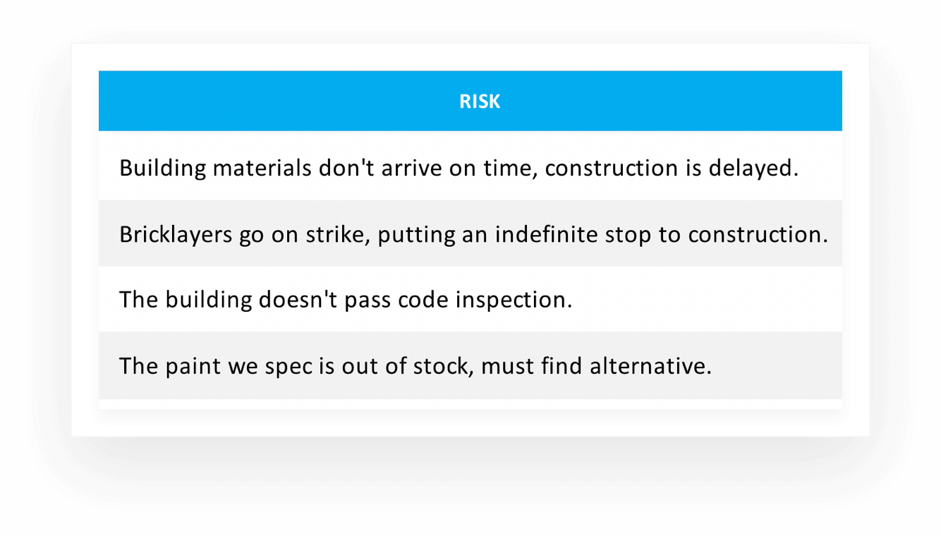 Example of project risks you might add to the Risk column