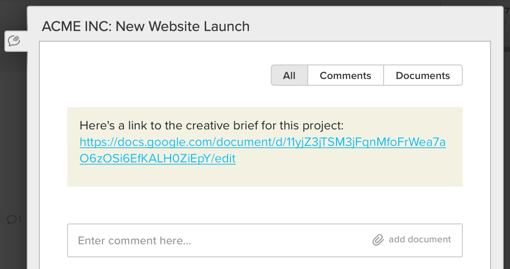 screenshot example of how to add a link to the creative brief link document to project notes in TeamGantt