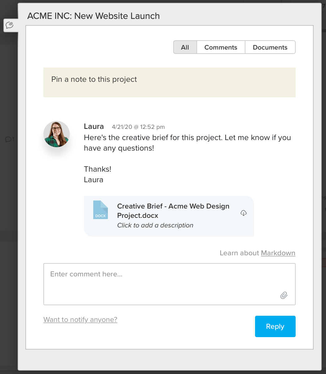 screenshot example of how to upload a creative brief document to project comments in TeamGantt
