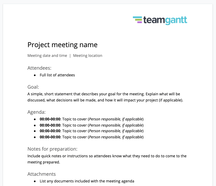 Screenshot of project meeting agenda template