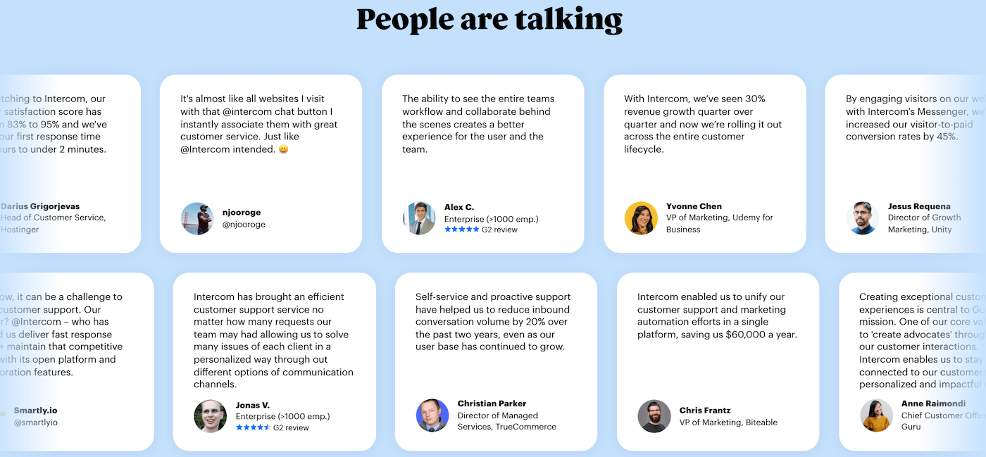 Examples of client testimonials from the website of product company Intercom