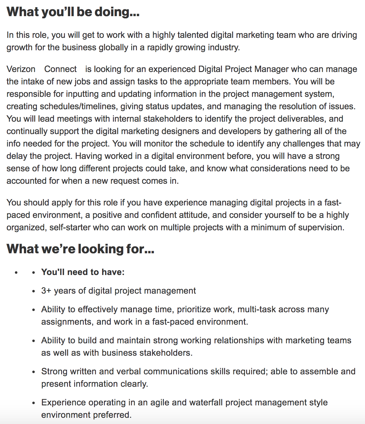 Example of a digital project manager job description