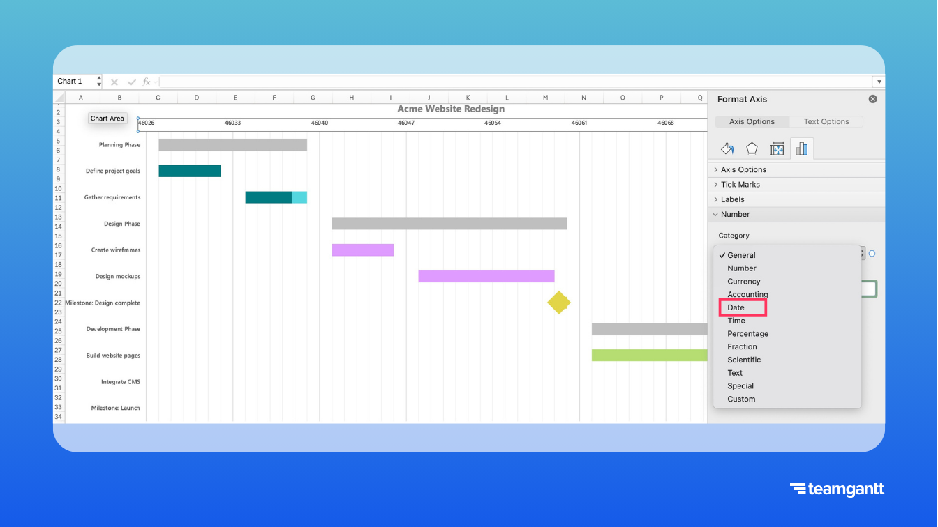 Excel Gantt chart with Format Axis pane open, highlighting the Number category set to Date so the horizontal axis shows calendar dates instead of numeric values.